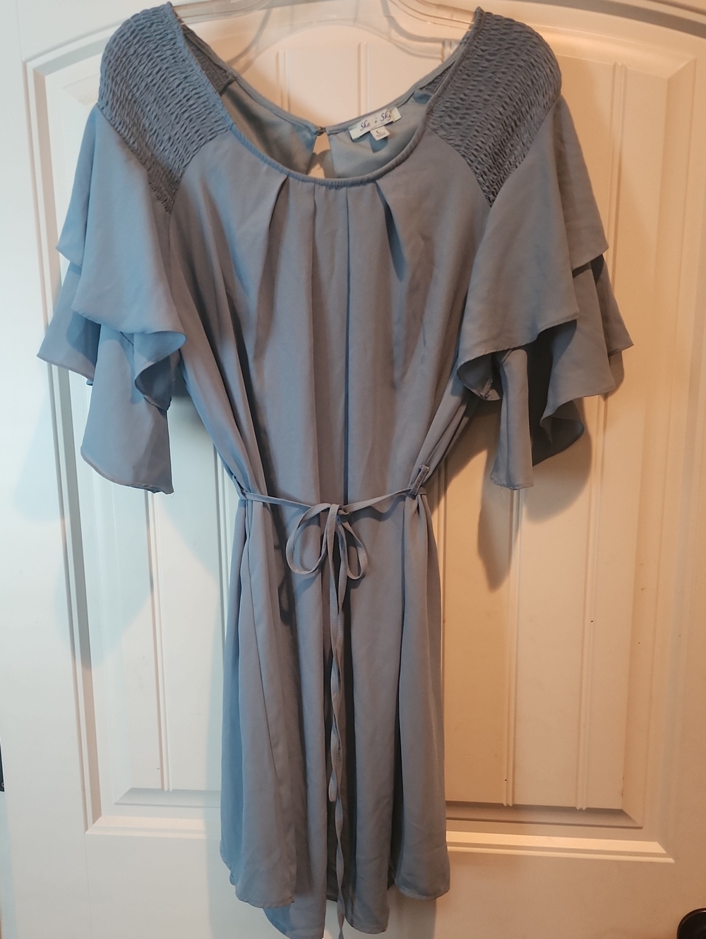 She + Sky Light Blue Ruffle Sleeve Tie-Waist Mini Dress